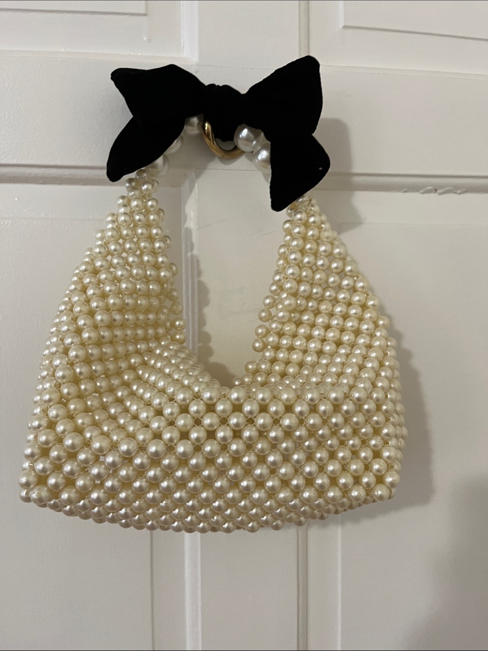 Pearl Beaded Hobo Bag with Black Bow